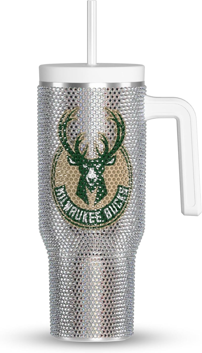 Hydrapeak x NBA Officially Licensed Milwaukee Bucks Voyager 40 oz Stainless Steel Bling Tumbler with Handle, Insulated Rhinestone Water Bottle With Straw & Lid, Includes Gift Box - Image 1